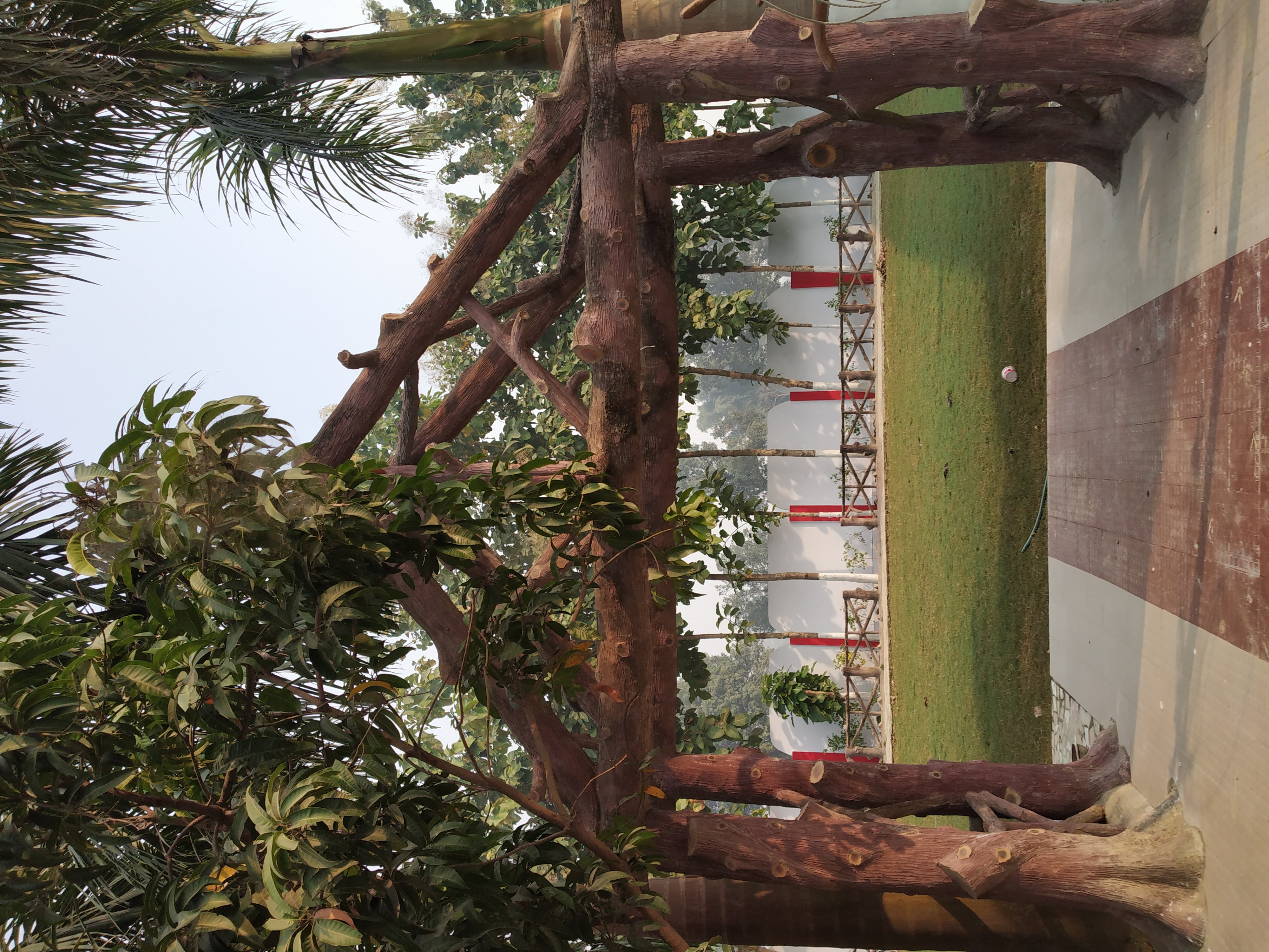 Natural wooden pergola and green lawns at Aasra Resort